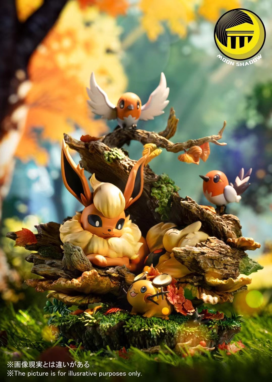 Moon Shadow Studio - Flareon, Cyndaquil, Dedenne, and Fletchling in a Natural Scene | 火伊布, 火球鼠, 咚咚鼠, 小箭雀 自然场景