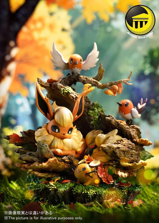 Moon Shadow Studio - Flareon, Cyndaquil, Dedenne, and Fletchling in a Natural Scene | 火伊布, 火球鼠, 咚咚鼠, 小箭雀 自然场景
