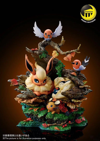 Moon Shadow Studio - Flareon, Cyndaquil, Dedenne, and Fletchling in a Natural Scene | 火伊布, 火球鼠, 咚咚鼠, 小箭雀 自然场景