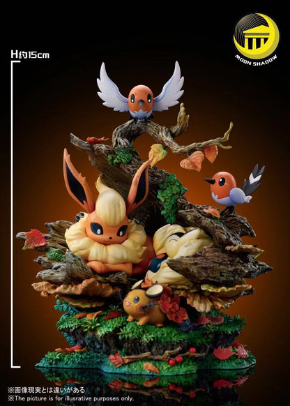 Moon Shadow Studio - Flareon, Cyndaquil, Dedenne, and Fletchling in a Natural Scene | 火伊布, 火球鼠, 咚咚鼠, 小箭雀 自然场景