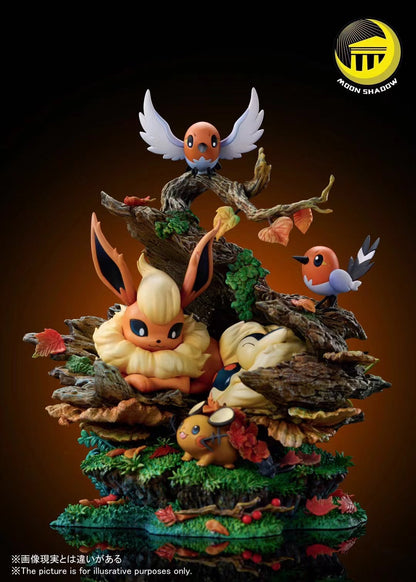 Moon Shadow Studio - Flareon, Cyndaquil, Dedenne, and Fletchling in a Natural Scene | 火伊布, 火球鼠, 咚咚鼠, 小箭雀 自然场景